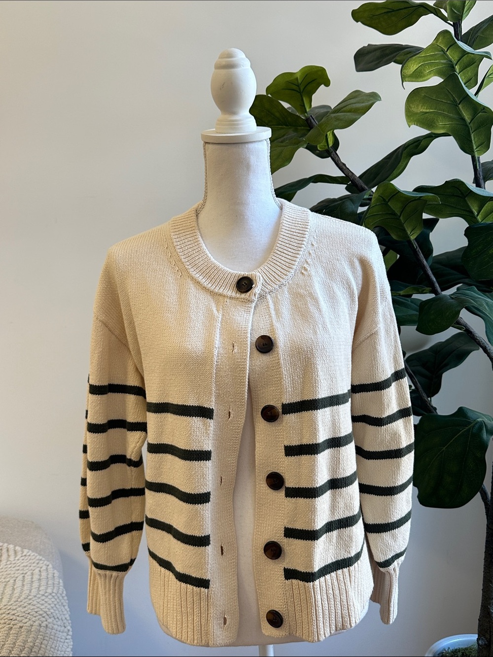 Veronica beard Cream Striped Button-Front Women's Cardigan Sweater